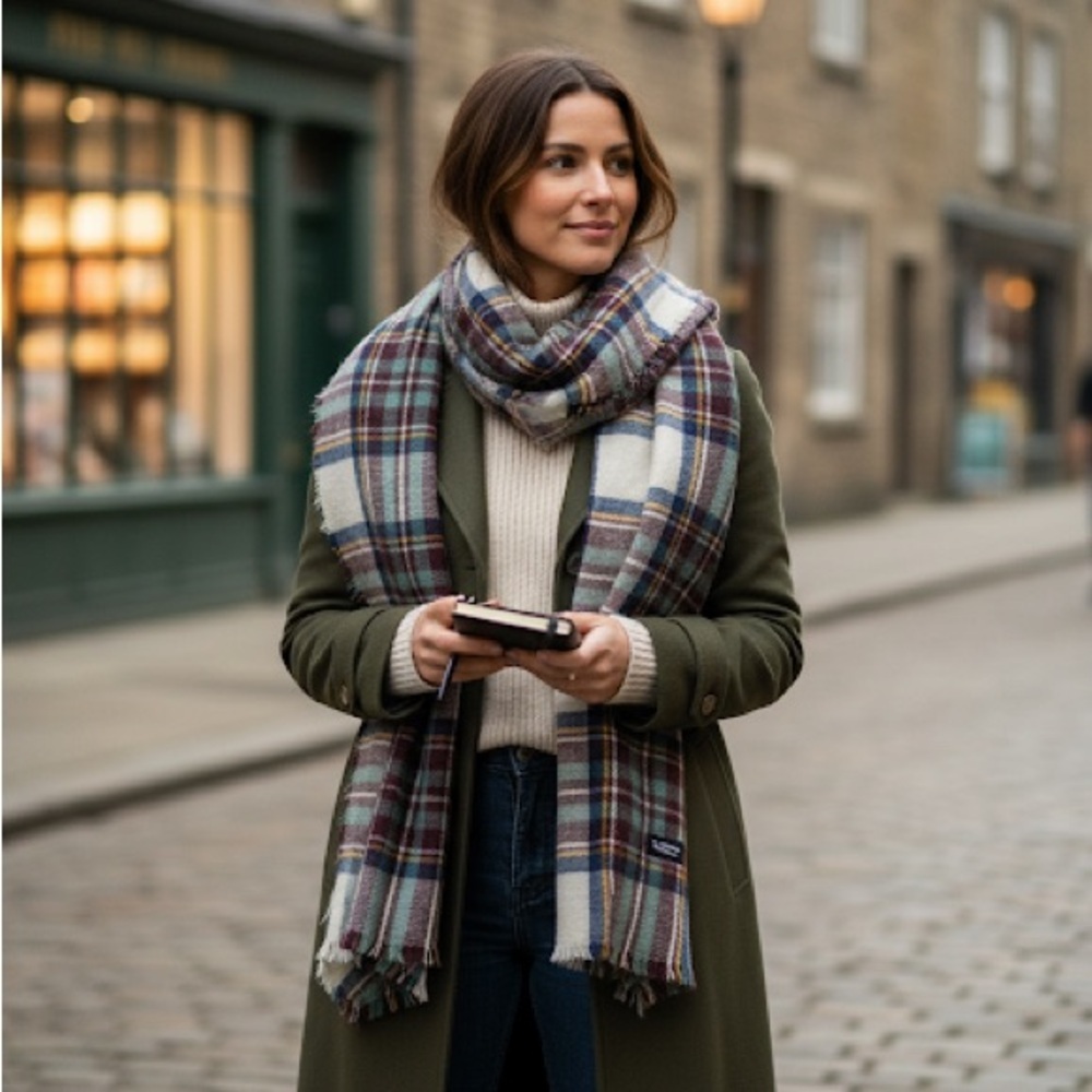 Zara Soft Neutral Plaid Academia Big Square Scarf